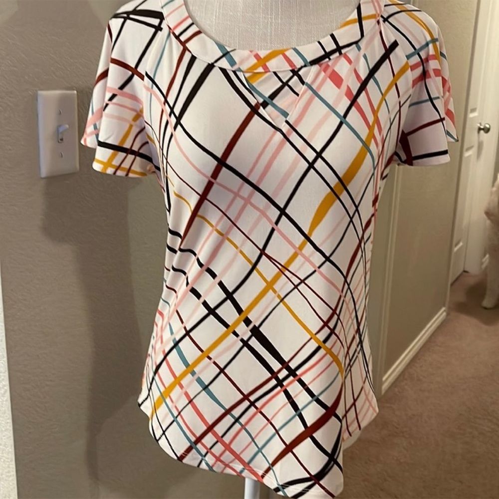 7th Avenue New York & Company S White Plaid Tie-Front Side Blouse Short Sleeve